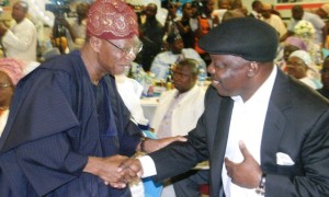 Uduaghan (right) and Former Head of State, Chief Ernest Shonekan