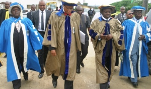 From right; The Deputy Provost,Mr. I. C. Iyama, Governor Emmanuel Uduaghan of Delta State, Commissioner for Higher Education, Prof. Hope Eghagha and Acting Provost, Mr. Sylvester Ebisine at the 19th Convocation ceremony of College of Education, Warri