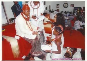 HRM Okorefe 1 Ovie of Agbarha-Otor conferring the chieftaincy title of Avwerotoma of Agbarha-otor Kingdom on Chief Engr. Christabel Oke Obiuwevbi (Executive Assistant to Deputy Governor, Delta State).