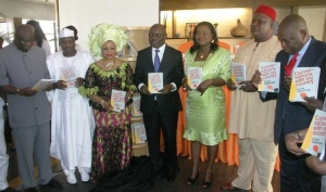 BOOK PRESENTATION: from left: Representative of Senate President, Senator Tunde Ogbeha, Speaker, House of Representative, Hon. Aminu Tambowa, Mrs. Folorunsho Alakija, Governor Emmanuel Uduaghan of Delta State, Autor of the Book, Mrs.   Funke Egbemode, Secretary to the Government of Federation, Senator Pius Anyim and the  former Governor of Abia State and Publisher of the The Sun Newspapers, Chief Orji Uzor Kalu, during  presentation  of a book “CONVERSATION WITH MY COUNTRY “ written by Funke Egbemode of the Sun Newspapers held in Lagos, Thursday. Photo: Henry Unini