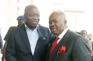 FUNERAL SERVICE: Governor Emmanuel Uduaghan of Delta State (left) welcoming his Akwa Ibom State Counterpart, Sir Godswill  Akpabio to Government House, Asaba for the funeral service of Late Sir Michael Ebo held at St. Joseph’s Catholic Church, Asaba, Friday. Photo: Henry Unini 
