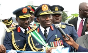 Nigeria's Commander-In-Chief of the Armed Forces, President Goodluck Ebele Jonathan flanked by his service chiefs
