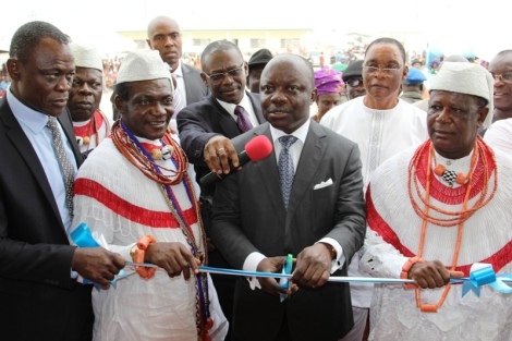 COMMISSIONING:  from right;  Chief Willson Eboh, Governor Emmanuel Uduaghan of Delta State, Chief Emmanuel Okumagba and Commissioner for Bassic Education, Prof. Patrick Muoeuoghare during the commissioning of Olodi Primary School, Warri built by the state government in Warri yesterday.  Photo: Henry Unini