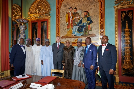L-R: Mr Folorunso Phillips, Chairman, Nigeria Economic Summit Group(NESG), Mr Dayo Isreal of Gleed Foundation,  Former Head of State, Gen Yakubu Gowon,  His Royal Highness,Prince Andrew, the 2nd Son of Her Royal Majesty, Queen Elizabeth II,  and former UK’s Special Envoy on International Trade and Investment, Chief and Mrs. Adekunle Ojora, HE Dr Emmanuel Uduaghan, Governor of Delta State and Hon Oma Djebah, Senior Adviser (Foreign Relations)to the Governor of Delta State, during the high-level business and Investment meeting at the Buckingham Palace, London