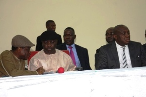 Governor Emmanuel Uduaghan of Delta State ( Middle ) Prof. Amos Utuama Deputy Governor ( Left ) and Speaker Delta State House of Assembly Rt. Hon. Peter Onwusanya