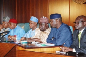Governors Aliyu, Orji and colleagues briefing newsmen shortly after the security meeting
