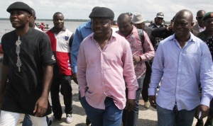 INSPECTION: Gov. Emmanuel Uduaghan of Delta State (middle), Chief Government Ekpemupolo (left) and the Secretary to the Delta State Government, Comrade Ovuzorie Macaulay (right) when the governor visited the ongoing University of Marine Technology project in Kurute community in Warri South LGA