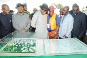President Goodluck Jonathan during the groundbreaking ceremonies of NIMASA Shipyard and Dockyard as well as Nigerian Maritime University on Saturday. He was accompanied by Governors Emmnauel Uduaghan and Willie Obiano of Anambara State.