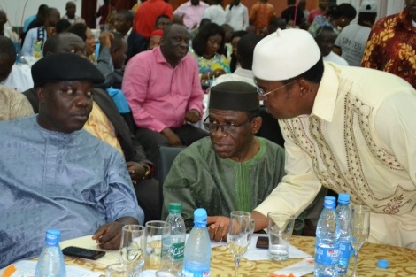 Delta State Governor Dr Emmanuel Uduaghan, (left) his Deputy Prof Amos Utuama (middle) and Special Adviser to the Governor on Inter-Parties Relations Hon Taju Isichei, during a dinner party for Leaders of Political Parties by Governor Uduaghan in Government House Asaba. Photo: Goddy Umukoro