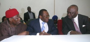 INAUGURATION: from right: Gov. Emmanuel Uduaghan of Delta State, his Deputy, Prof. Amos Utuama and Senator Ifeanyi Okowa