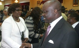 INAUGURATION:  Gov. Uduaghan congratulates Mrs. Roseline Amioku, one of the Board Chairmen, shortly after the inauguration of Board of Parastatals and Agencies in Delta State by the governor