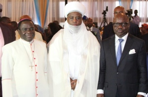 LECTURE: from right; Governor Emmanuel Uduaghan of Delta State, the Sultan of Sokoto, and Chairman of the occasion,  His Eminence, Alhaji Muhammad Sa’ad Abubakar III and the Catholic Bishop of the Sokoto Diocese and Guest Lecture,  His Lordship, Bishop Mathew Hassan Kukah at the 60th birthday lecture for the governor held in Asaba, Delta state capital. 