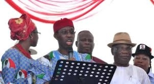 Senator Ifeanyi Okowa, addressing his supporters during the formal declaration in Asaba