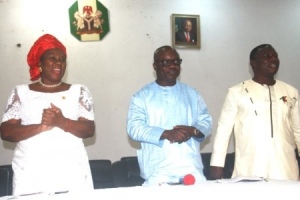 Governor Emmanuel Uduaghan of Delta State (left); Mrs Josephine Anenih, Chairman, National Panel for Delta State ward congress and the State Acting PDP Chairman, Hon. Emmanuel  Ighomena during the Panel’s meeting with PDP aspirants and stake holders in the State in Asaba. 