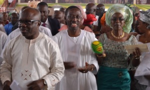 Delta State Governor, Emmanuel Uduaghan (left) Delta State PDP, Governorship flag bearer in 2015 general election, Senator Ifeanyi Okowa (middle) and his wife Edith, during Senator Okowa thanksgiving service at St Philip Anglican Church, Asaba on Sunday.