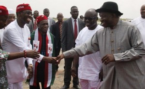 VISIT:  from right: President Goodluck Jonathan, Governor Emmanuel Uduaghan of Delta State, his Deputy, Prof. Amos Utuama and the Delta State PDP Governorship flag bearer, Senator Ifeanyi Okowa welcoming Mr. President  on arrival at the Asaba International airport 