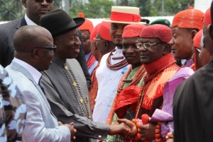 Royal Fathers  and Traditional Chief welcoming President Goodluck Jonathan (middle)  on arrival at the Osubi Airport, Warri and Governor Emmanuel Uduaghan of Delta State (left) for the official Groundbreaking ceremony of the Export Processing Zone by Mr.  President 
