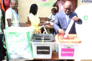 2015 GENERAL ELECTION: Governor Emmanuel Uduaghan of Delta State casting his votes during the 2015 general election in his home town, Abigborodo in Warri North LGA of Delta State. 