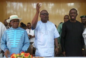 Governor Emmanuel Uduaghan of Delta State (middle), Prof Amos Utuama SAN Deputy (left) and Senator Ifeanyi Okowa 