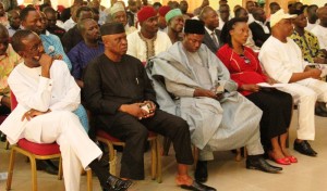 Cross section of some Guber candidates from different party and from left; Senator Ifeanyi Okowa (PDP) Chief Emeror Otega (APC) Dr. John Onwubuya (ACD) Mrs. Oluremi Mohammed (PDC) and Chief Great Ogboru  during the INEC-select stakeholder’s emergency meeting with all Governorship and House of Assembly candidates in Delta