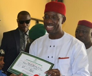 Delta Governor-Elect, Senator Ifeanyi Arthur Okowa brandishing his Certificate of Return