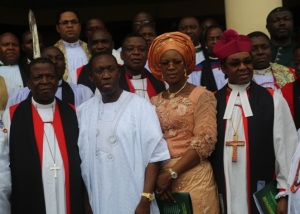 Senator (Dr.) Ifeanyi Arthur Okowa Governor of Delta State (middle), Dame (Mrs.) Edith Okowa wife of the Governor (2nd right), Bishop Emmanuel Chukwuma (right), Most. Revd. Nicholas Okoh (2nd left) 