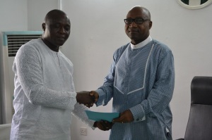 Delta State Secretary to State Government (SSG), Hon Ovie Festus Agas (right) and the state chairman, Nigeria Union of Journalist, (NUJ) Comrade Norbert Chiazor during a courtesy call on the SSG, by Delta NUJ executive on Wednesday Photo: Goddy Umukoro 