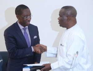 Delta State Governor, Senator (Dr.) Ifeanyi Okowa (left) and Prof. Sam Oyovbaire, during the submission report of the transition Committee 