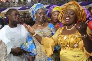 from left; Delta State Governor, Senator Ifeanyi Okowa, Mrs. Edith Okowa wife of the Governor and Hon. Erhiatake Ibori, during a Thanksgiving Service in Honor of Hon. Ibori, held at First Baptist Church Oghara
