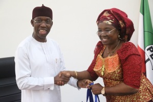 Delta State Governor. Senator (Dr.) Ifeanyi Okowa (left) and Pro Chancellor, Prof. (Mrs.) Viola Onwuliri, during a courtesy call to the Governor by the Nigeria Maritime University held in Government House Asaba.