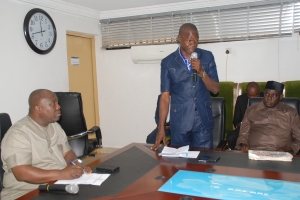 Deputy Chief of Staff Government House, Hon. Steve Eruotor. (Left)  Chairman, Ughelli South Local Government Council, Hon. Paul Etaga (middle) and Mr. Julius Clark. during a meeting with Setraco (Nig) Ltd and Bomadi/Gbaregolor Community in Asaba.