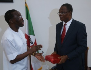 Governor of Delta State, Senator Ifeanyi Okowa (left) and Vice Chancellor, Prof. Akin Ibhadode, during a courtesy call on the Governor by the V.C. Federal University of Petroleum Resource.