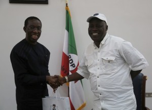 Governor of Delta State, Senator Ifeanyi Okowa (left) and Comrade Michael Alogba Olukoya, National President Nigeria Union of Teachers (NUT), during a courtesy call on the Governor by Nigeria Union of Teachers.