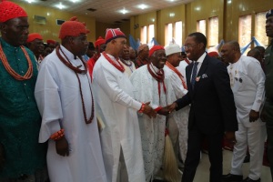 Delta State Governor, Senator Ifeanyi Okowa (right) in hand shake with traditional rulers