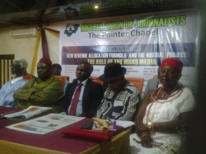 Egugbo (Centre) flanked by dignitaries during an annual lecture organized by him. The dignitaries include Prof. Demas Nwoko, Omu of Anioma Martha Dunkwu among others