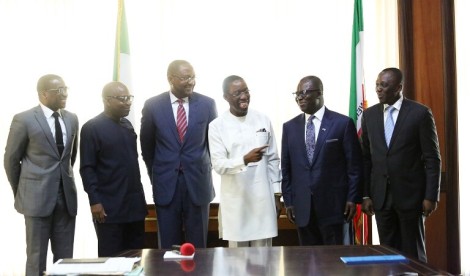 Delta State Governor, Senator Ifeanyi Okowa (3rd right); Chairman, Alpha Energy and Electric Company, Ike Nwabuown (2nd right); the President, Alpha Energy and Electric Company, Gabriel Okofor (3rdleft); Secretary to the State Government, Hon. Ovie Agas (2nd left) Commissioner for Finance, Mr. David Edevbie (left) and the Commissioner for Justice, Barr. Peter Mrakpor, during a courtesy call on the Governor, in Asaba.