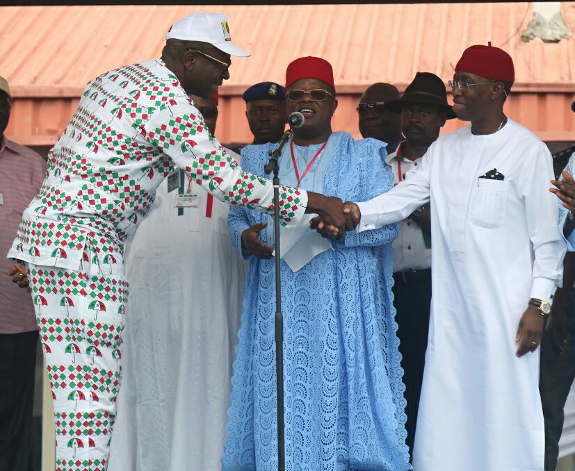Gov. Okowa (right) congratulating Ize-Iyamu during the PDP Congress in Benin City.