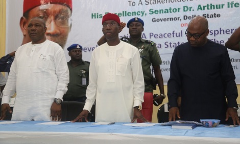 Delta State Governor, Senator Ifeanyi Okowa (middle); his Deputy, Barr. Kingsley Otuaro (left) and Secretary to State Government, Hon. Ovie Agas, during a Stakeholders meeting with the Governor, on Creating a Peaceful atmosphere for the development of Delta State and Niger Region, in Governor's Office Annex Warri.