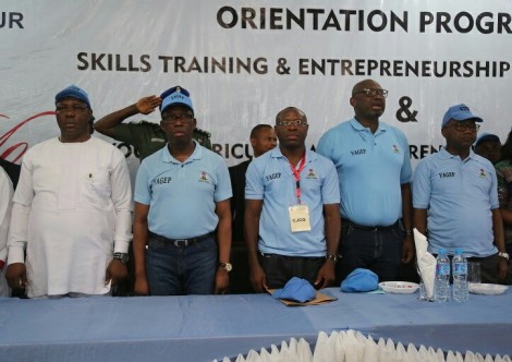 Delta State Governor, Senator Ifeanyi Okowa (2nd left); his Deputy, Barr. Kingsley Otuaro (left) Chief Job Creation Officer, Prof. Eric Eboh (middle); Commissioner for Economic Planing, Dr. Kingsley Emu (2nd right) and Secretary to State Government, Hon. Ovie Agas, during the Inauguration of the 2016 Cycle, Skills Training and Entrepreneurship Programme (STEP), at Songhai Delta, Amukpe.