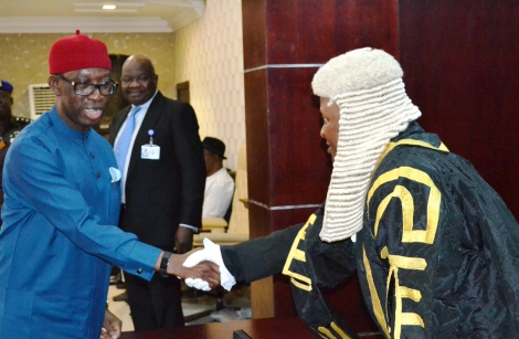 Delta State Governor, Senator Ifeanyi Okowa (left), in hand shake with the Speaker of the State House of Assembly, Rt Hon Monday Igbuya, shortly after the presentation of the 2017 Appropriation Bill to the State House of Assembly in  Asaba.