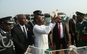 Delta State Governor, Senator Ifeanyi Okowa (3rd left), flanked by the State Chief Judge, Justice Marshall Umukoro (2nd left), and service Chiefs releasing Pigeon as a sign of peace at the grand finale of the armed forces remembrance day in Asaba. 